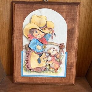 Vintage. Handmade Cowboy 🤠 and Dog 🐕 picture glued Wooden frame